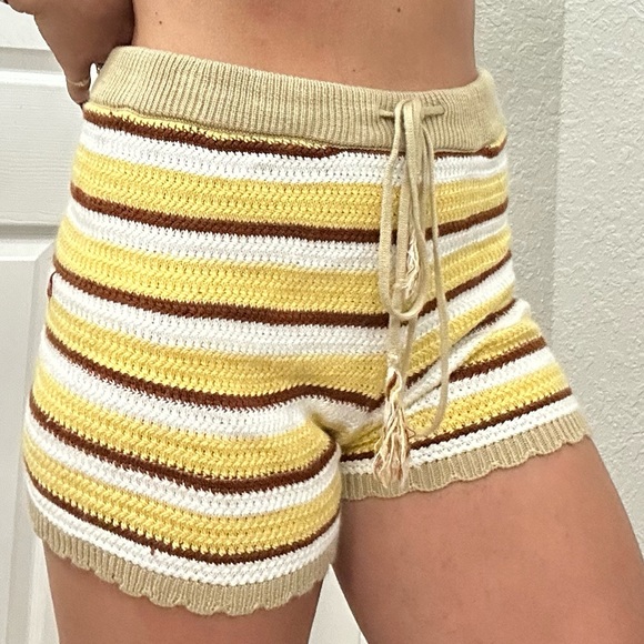 Y2k Hippie Crochet Striped Shorts with Drawstring Waist - Picture 3 of 10